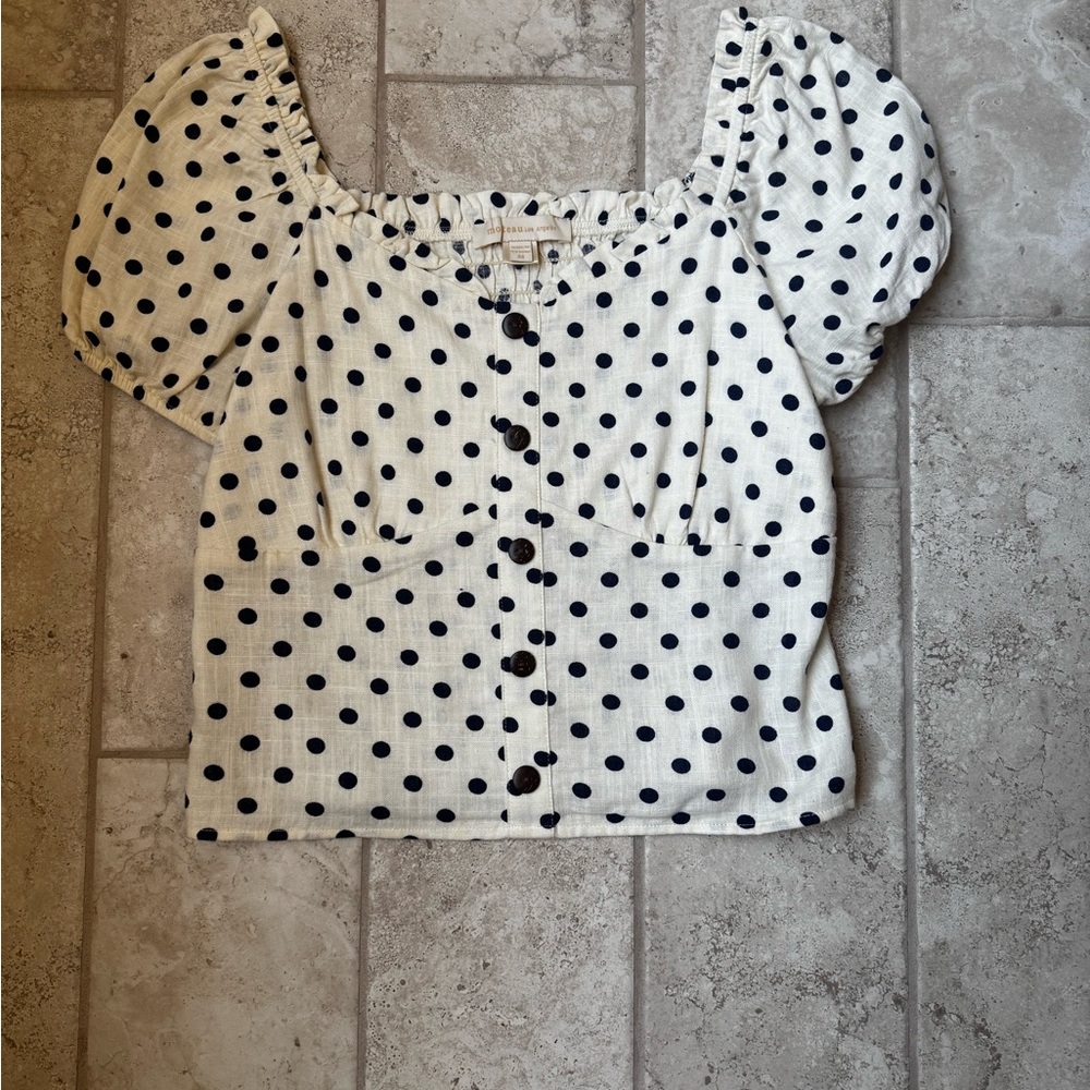 White and black smocked blouse with square neck puff sleeves